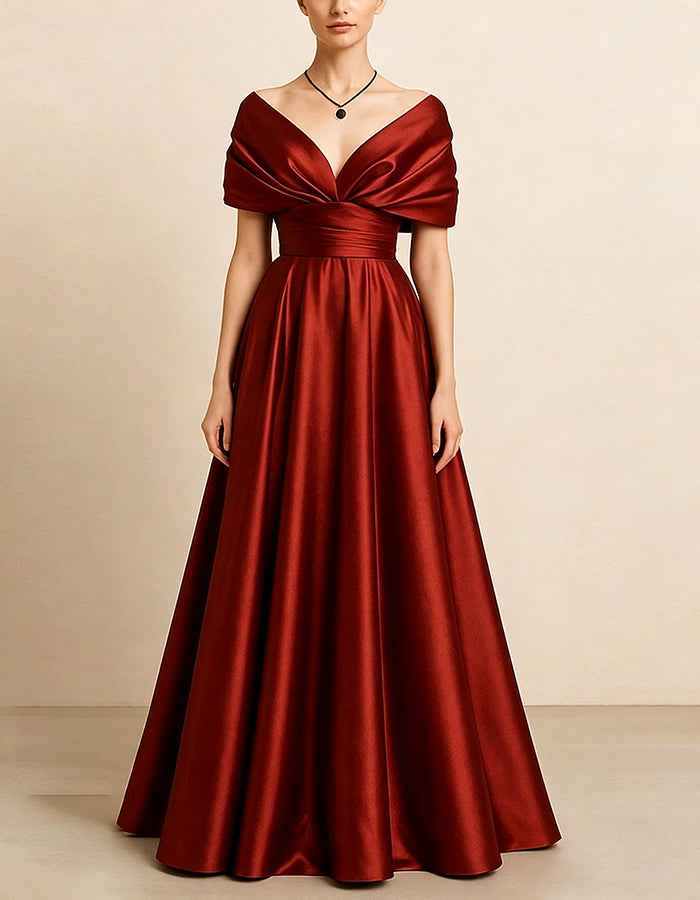 Deep Burgundy Satin Off Shoulder V-Neck Maxi Dress