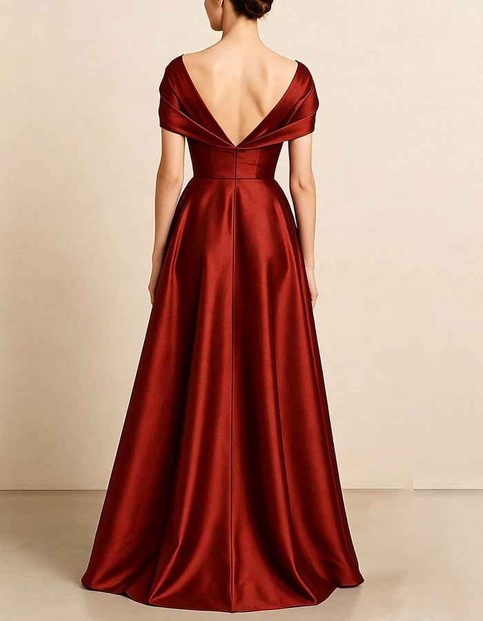 Deep Burgundy Satin Off Shoulder V-Neck Maxi Dress