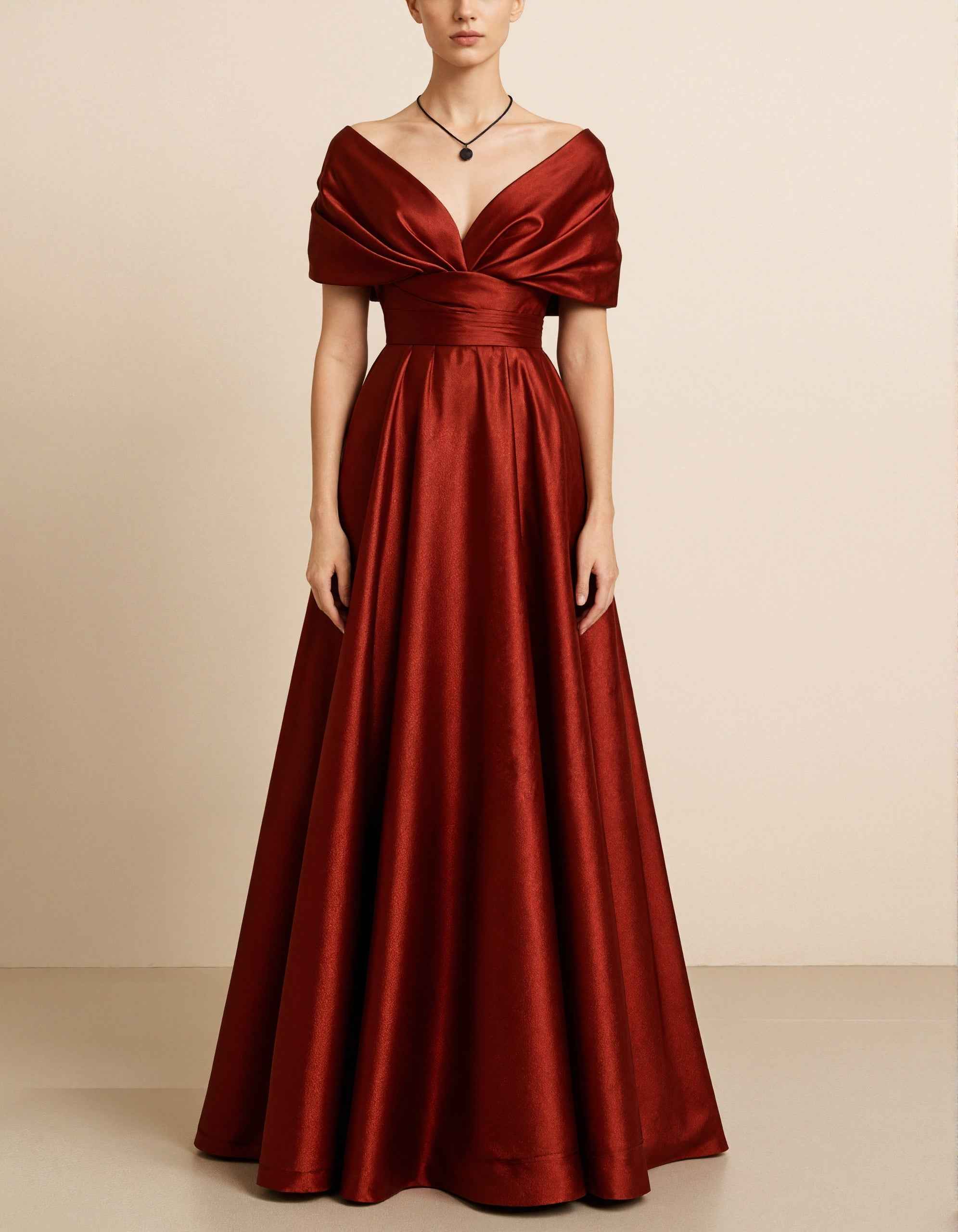 Deep Burgundy Satin Off Shoulder V-Neck Maxi Dress
