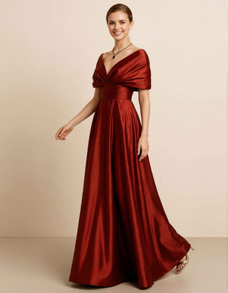 Deep Burgundy Satin Off Shoulder V-Neck Maxi Dress