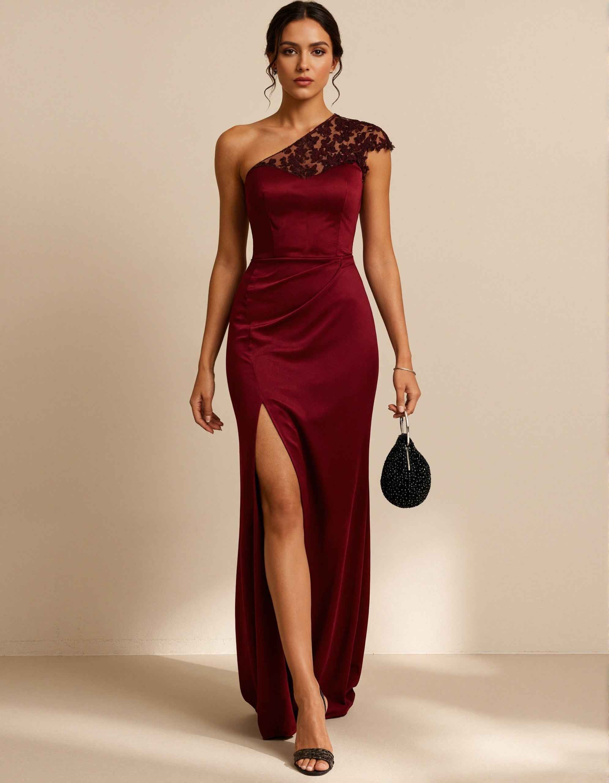 Deep Burgundy Satin One Shoulder Floral Lace Maxi Dress