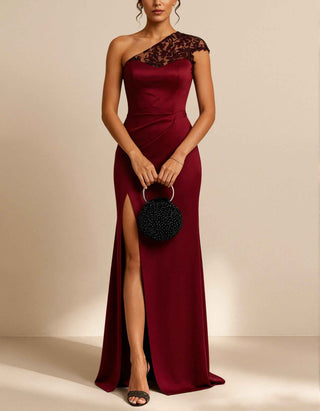 Deep Burgundy Satin One Shoulder Floral Lace Maxi Dress