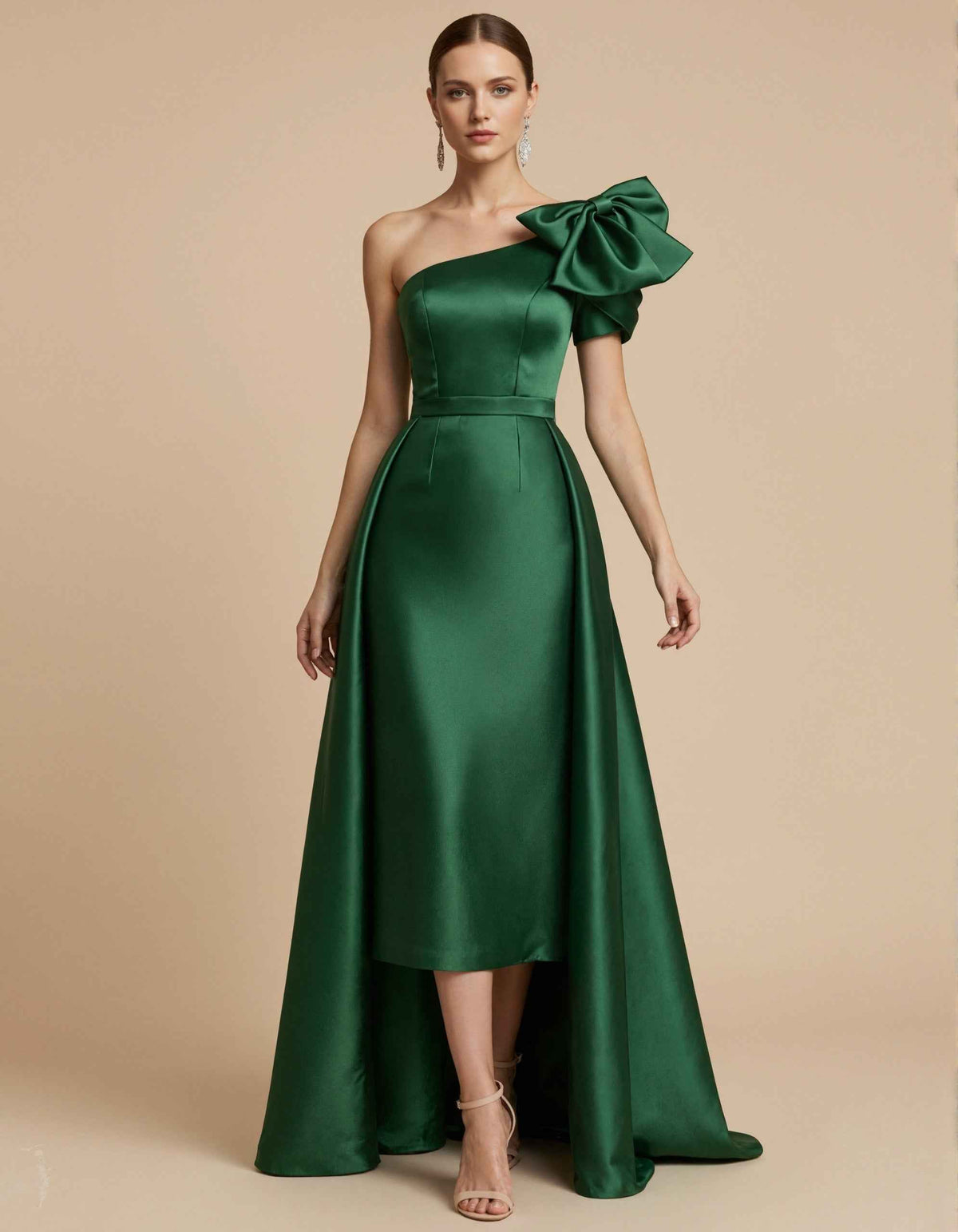 Green Satin One Shoulder Bow Belt Cinched Waist Maxi Dress