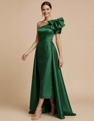 Green Satin One Shoulder Bow Belt Cinched Waist Maxi Dress