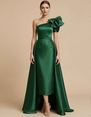 Green Satin One Shoulder Bow Belt Cinched Waist Maxi Dress