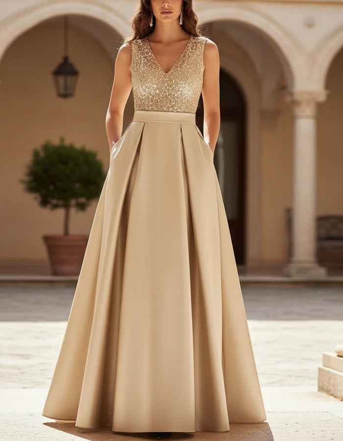 Champagne Satin Sleeveless V-Neck Sequined Maxi Dress