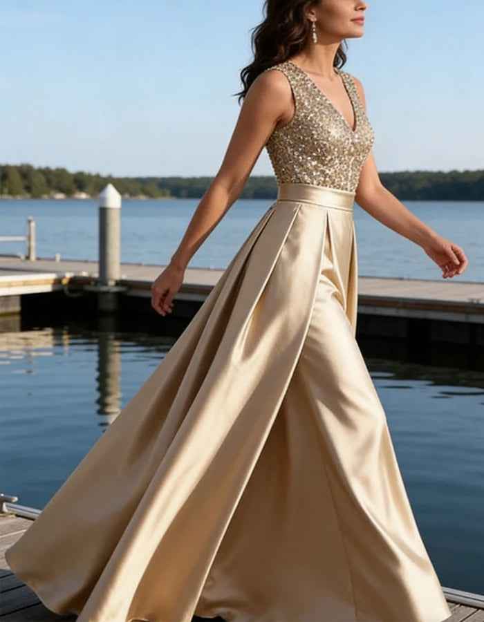 Champagne Satin Sleeveless V-Neck Sequined Maxi Dress