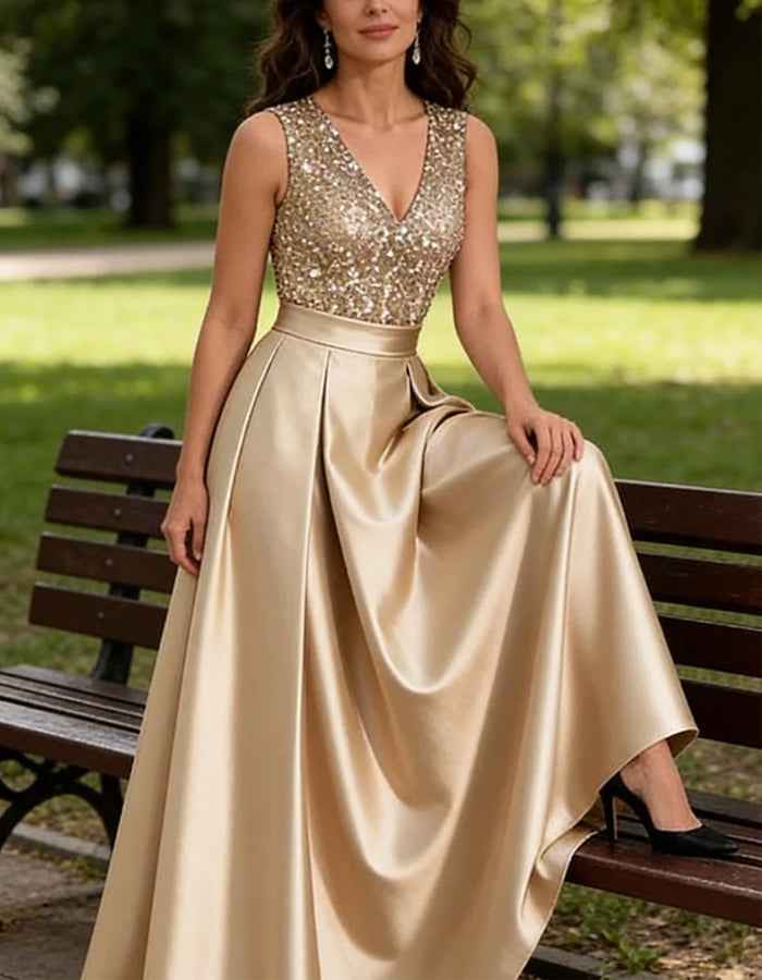 Champagne Satin Sleeveless V-Neck Sequined Maxi Dress
