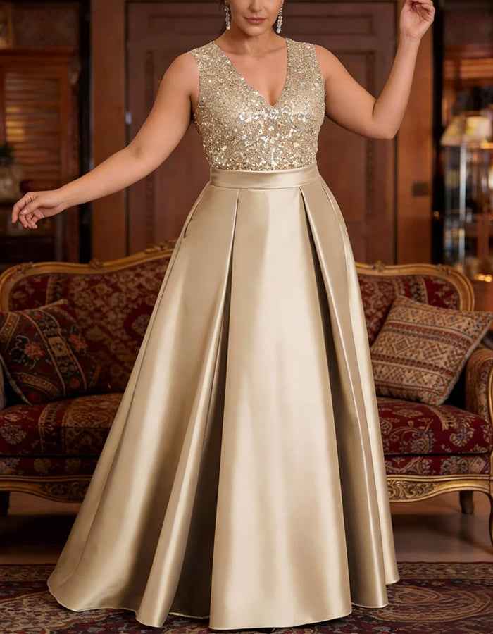 Champagne Satin Sleeveless V-Neck Sequined Maxi Dress