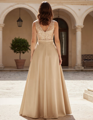 Champagne Satin Sleeveless V-Neck Sequined Maxi Dress