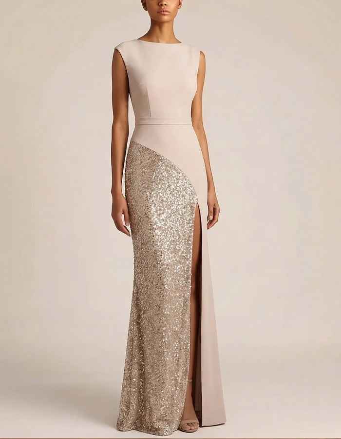 Nude Sleeveless Boat Neck Sequined High Slit Maxi Dress