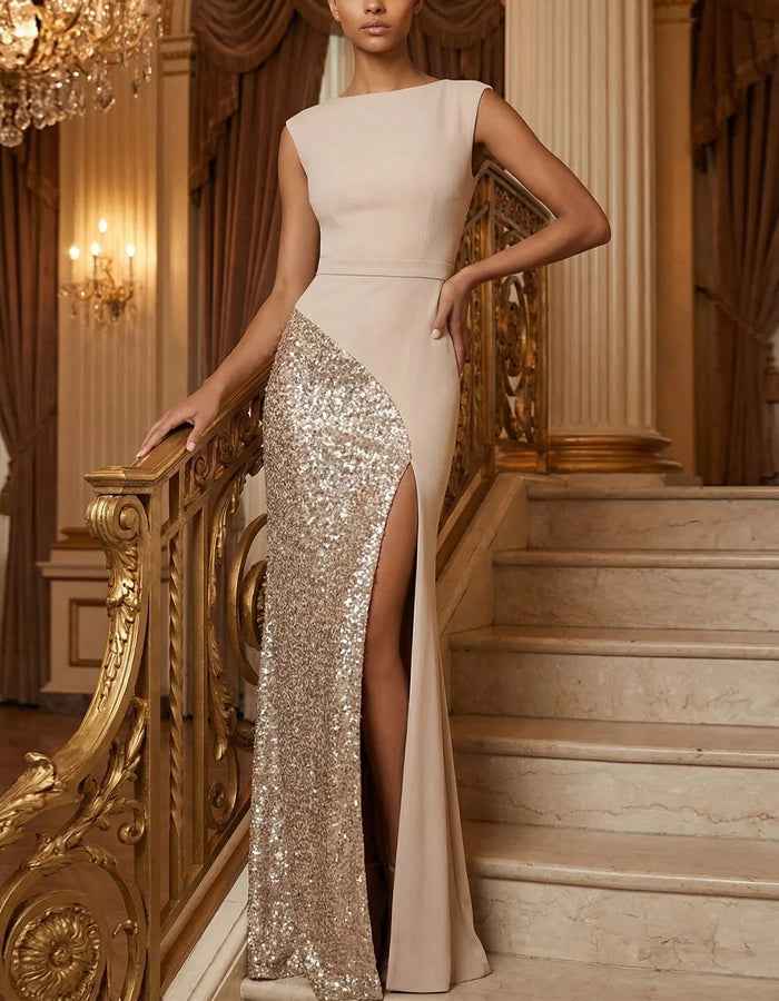 Nude Sleeveless Boat Neck Sequined High Slit Maxi Dress