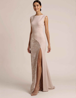 Nude Sleeveless Boat Neck Sequined High Slit Maxi Dress