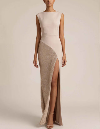 Nude Sleeveless Boat Neck Sequined High Slit Maxi Dress