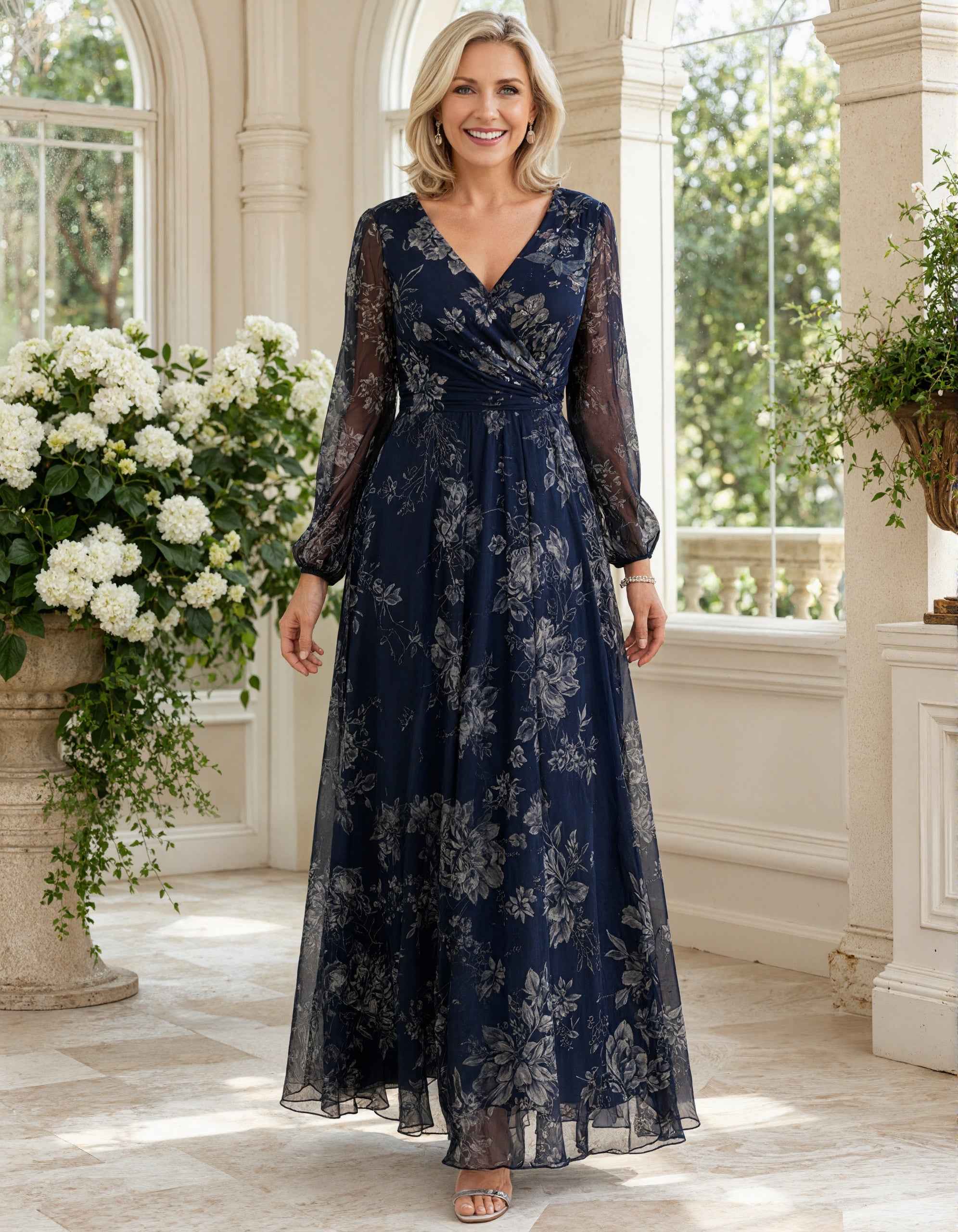 Dark Blue Chiffon Printed V-Neck Maxi Dress