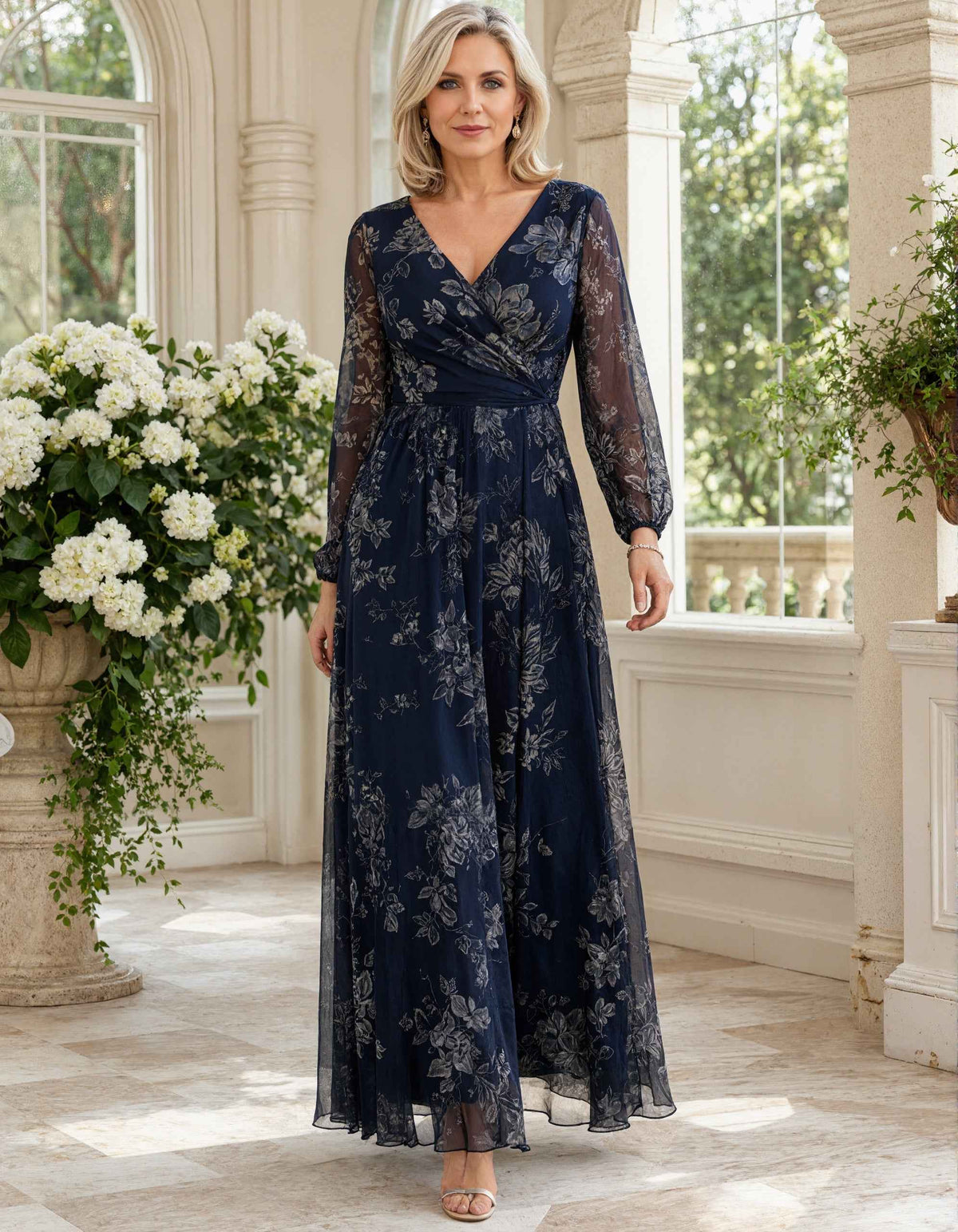 Dark Blue Chiffon Printed V-Neck Maxi Dress