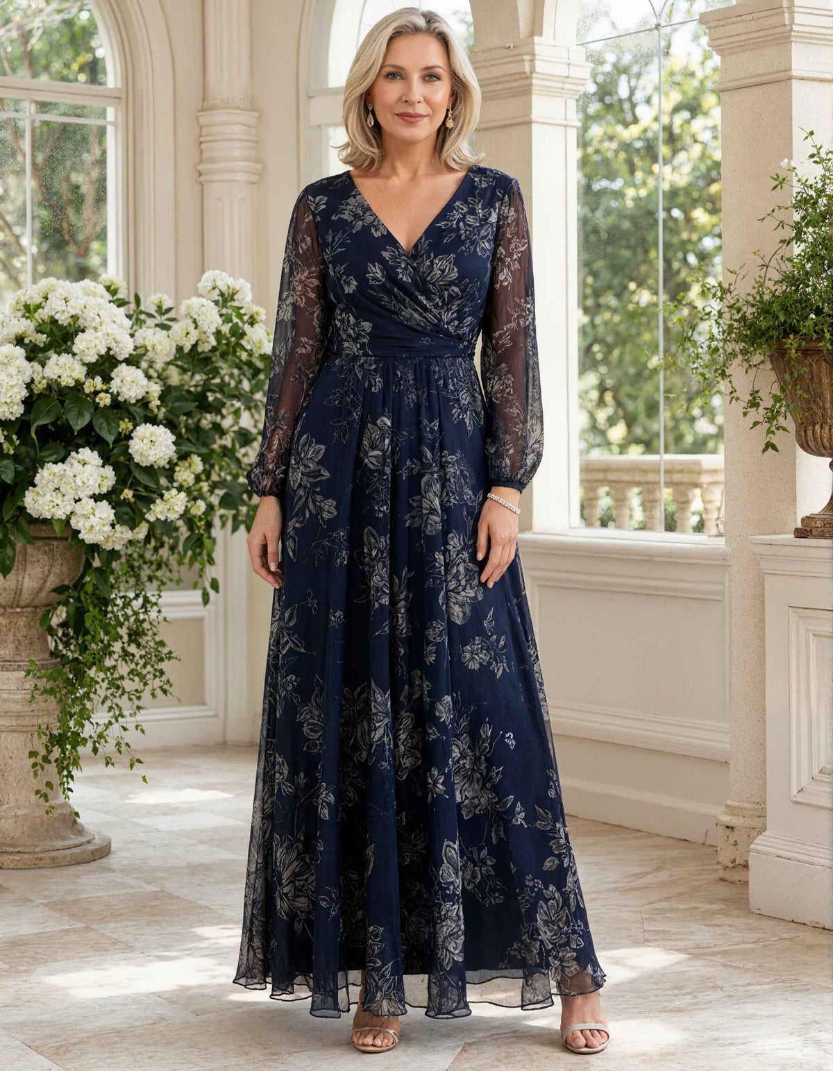 Dark Blue Chiffon Printed V-Neck Maxi Dress