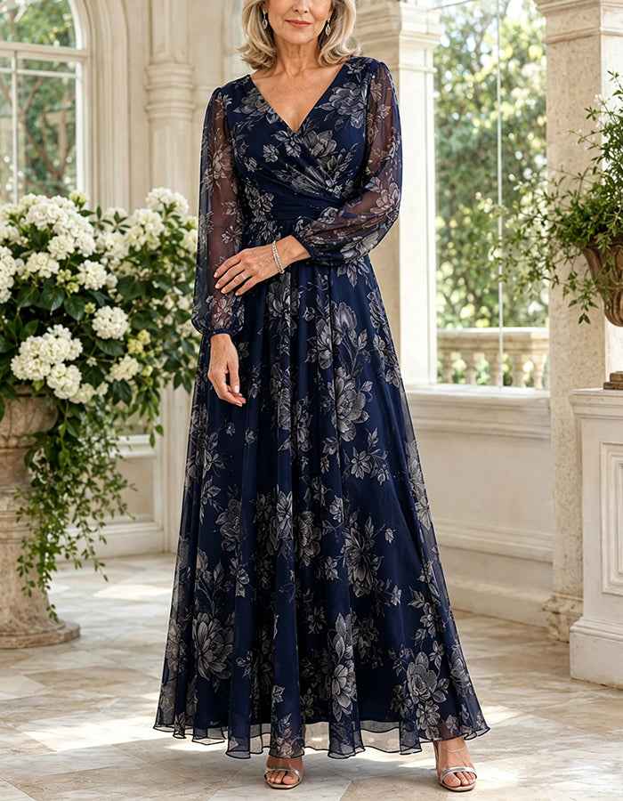 Dark Blue Chiffon Printed V-Neck Maxi Dress