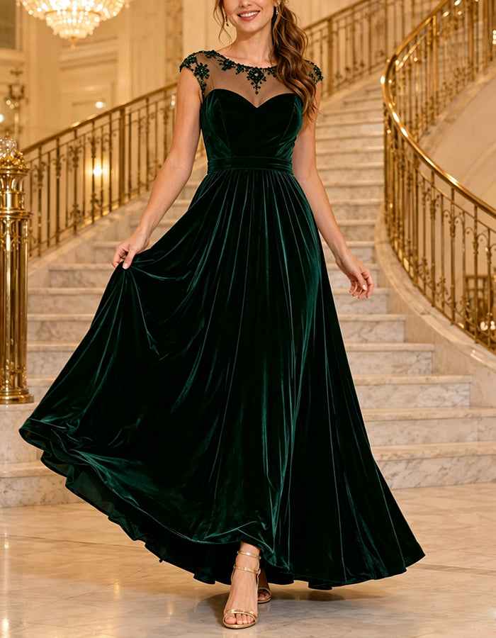 Green Velvet Lace Round Neck Sleeveless Maxi Dress