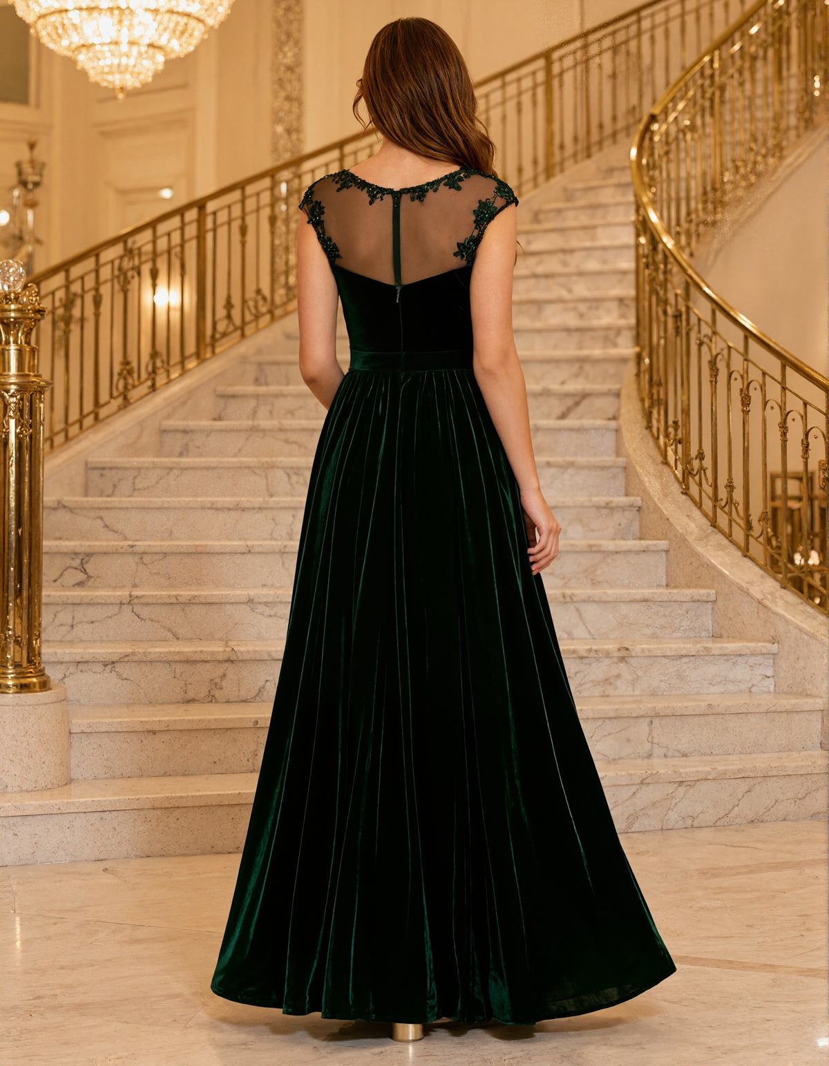 Grünes Samt-Spitzen-Maxikleid mit Rundhalsausschnitt und ärmellos