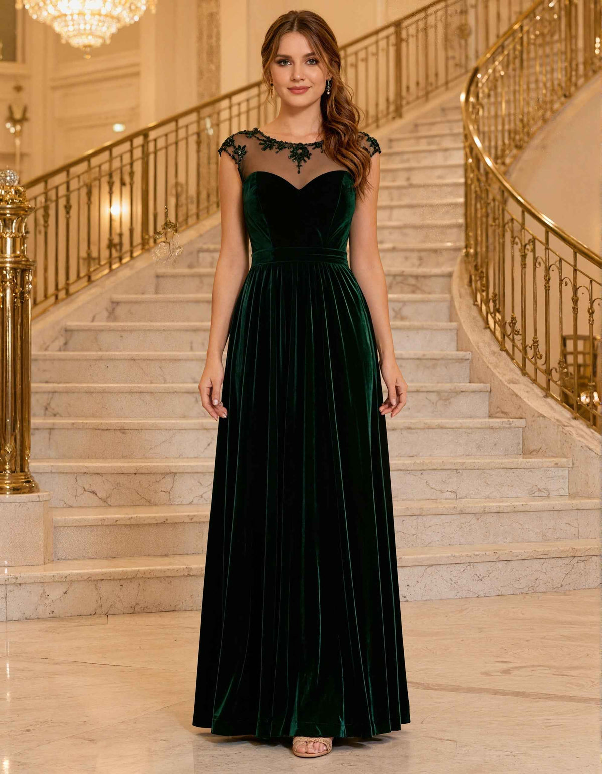 Green Velvet Lace Round Neck Sleeveless Maxi Dress