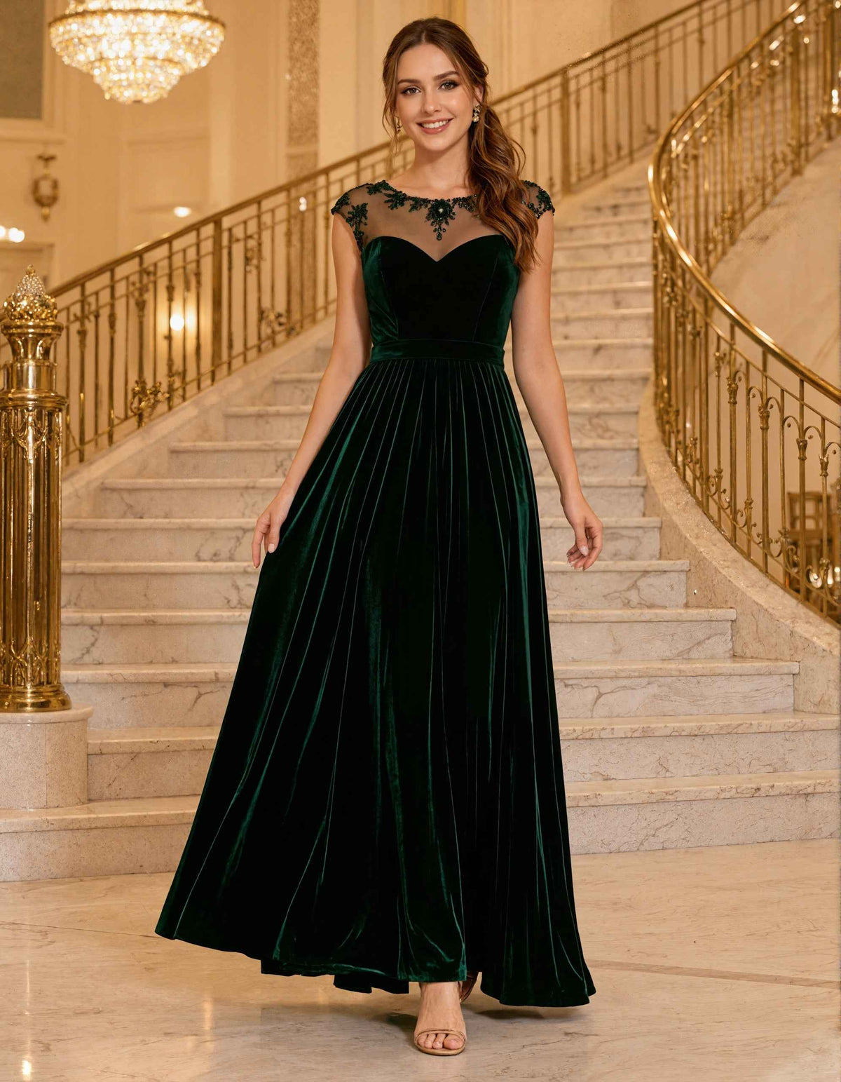 Green Velvet Lace Round Neck Sleeveless Maxi Dress