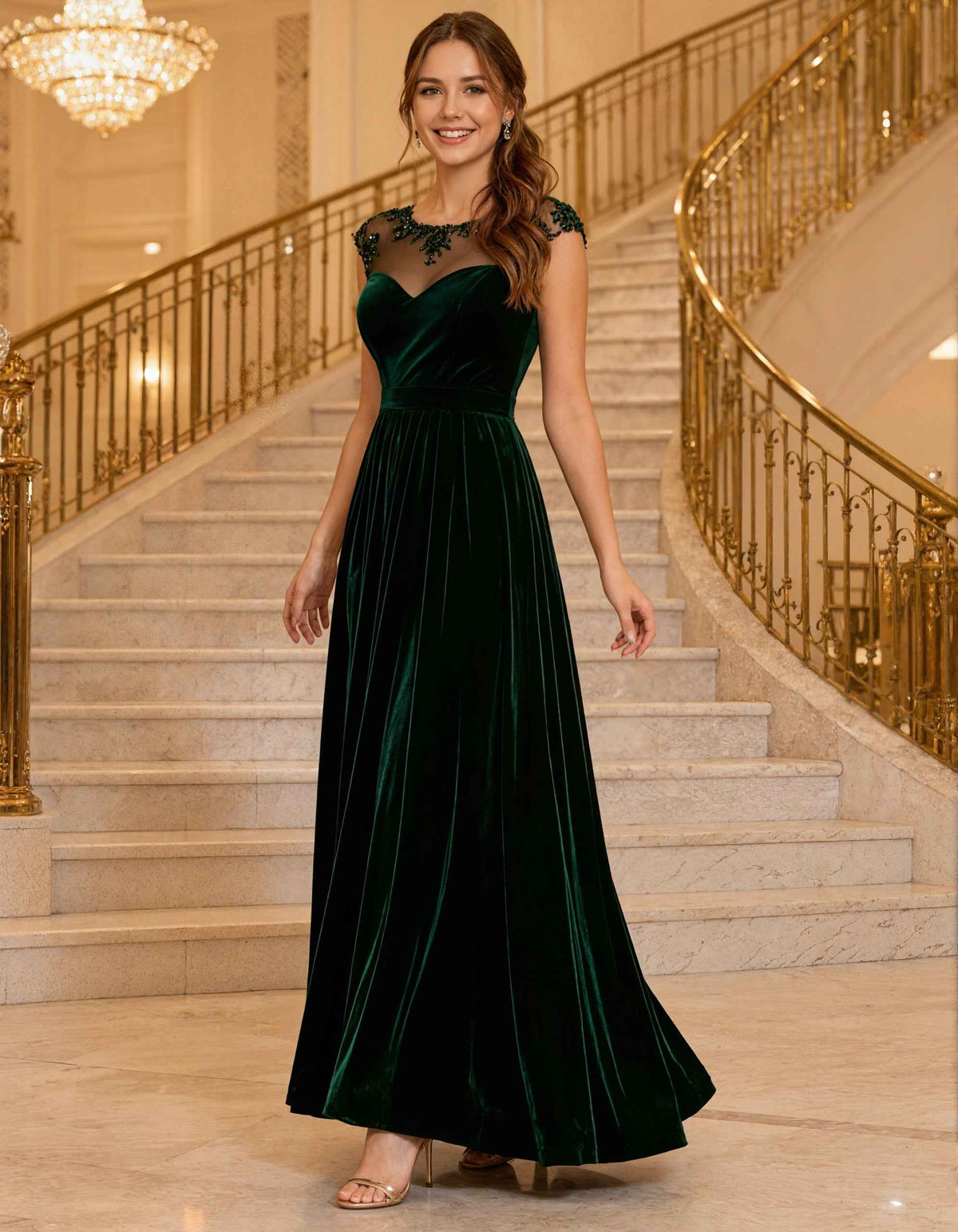 Green Velvet Lace Round Neck Sleeveless Maxi Dress