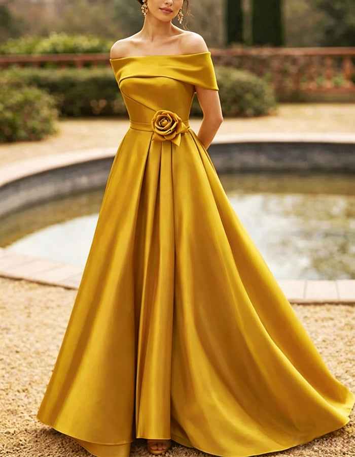 Solid Color Satin Off Shoulder 3D Floral Maxi Dress