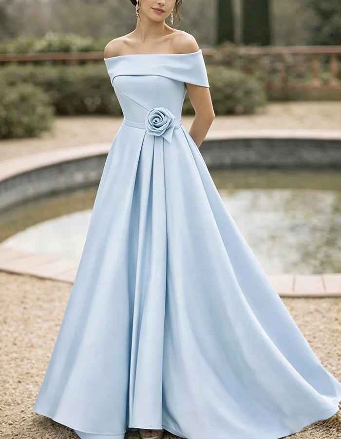 Solid Color Satin Off Shoulder 3D Floral Maxi Dress