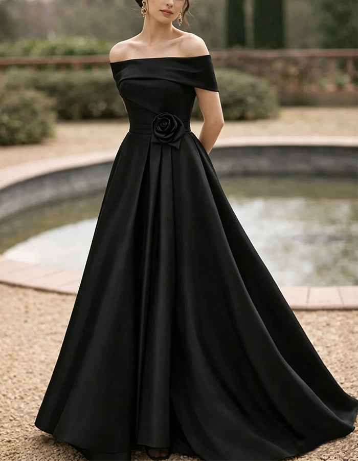 Solid Color Satin Off Shoulder 3D Floral Maxi Dress