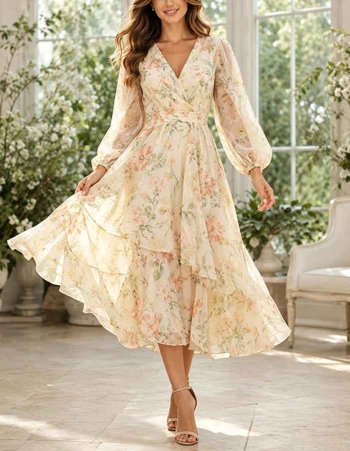 Cream Printed Chiffon V-Neck Puff Sleeve Long Sleeve Midi Dress