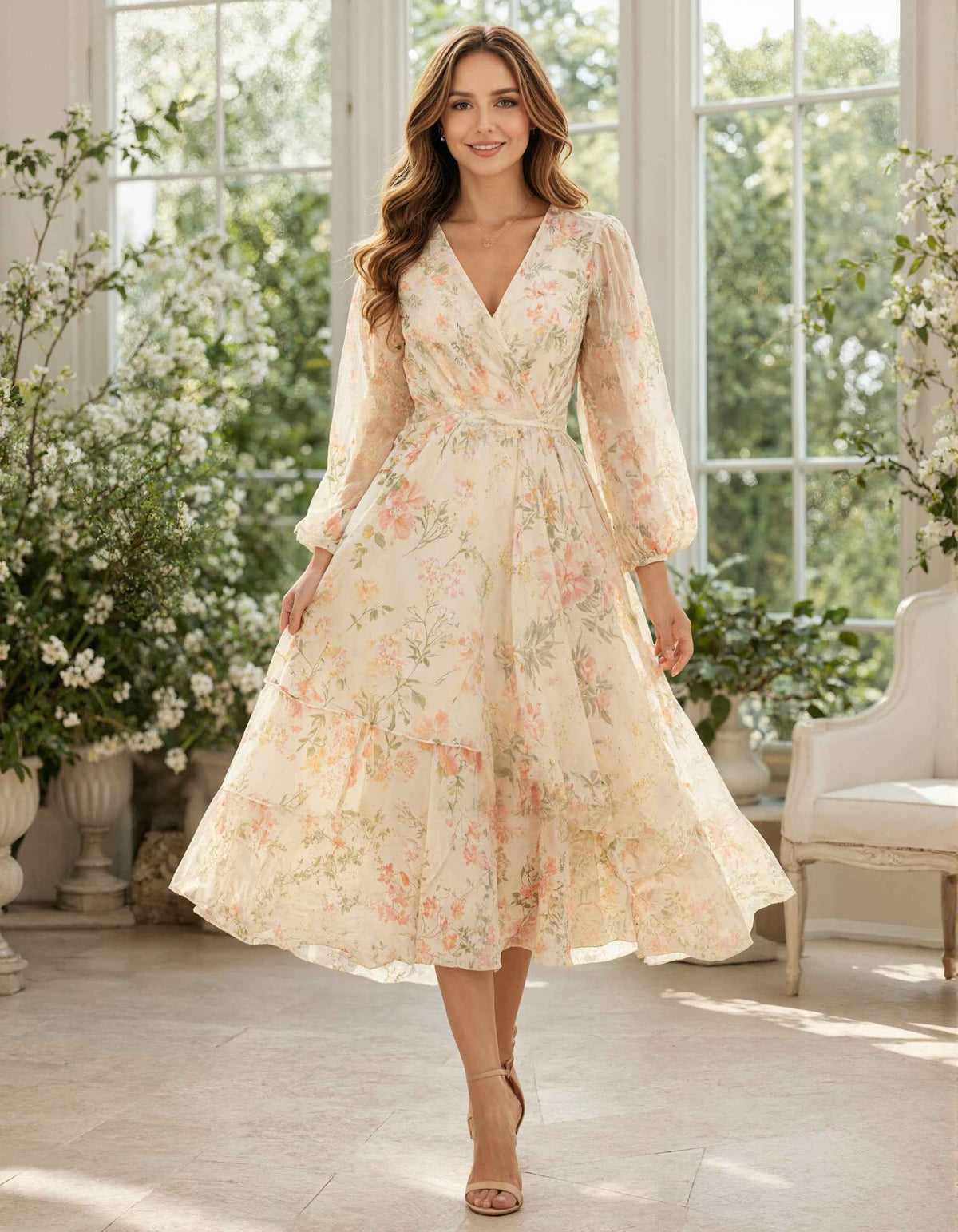 Cream Printed Chiffon V-Neck Puff Sleeve Long Sleeve Midi Dress