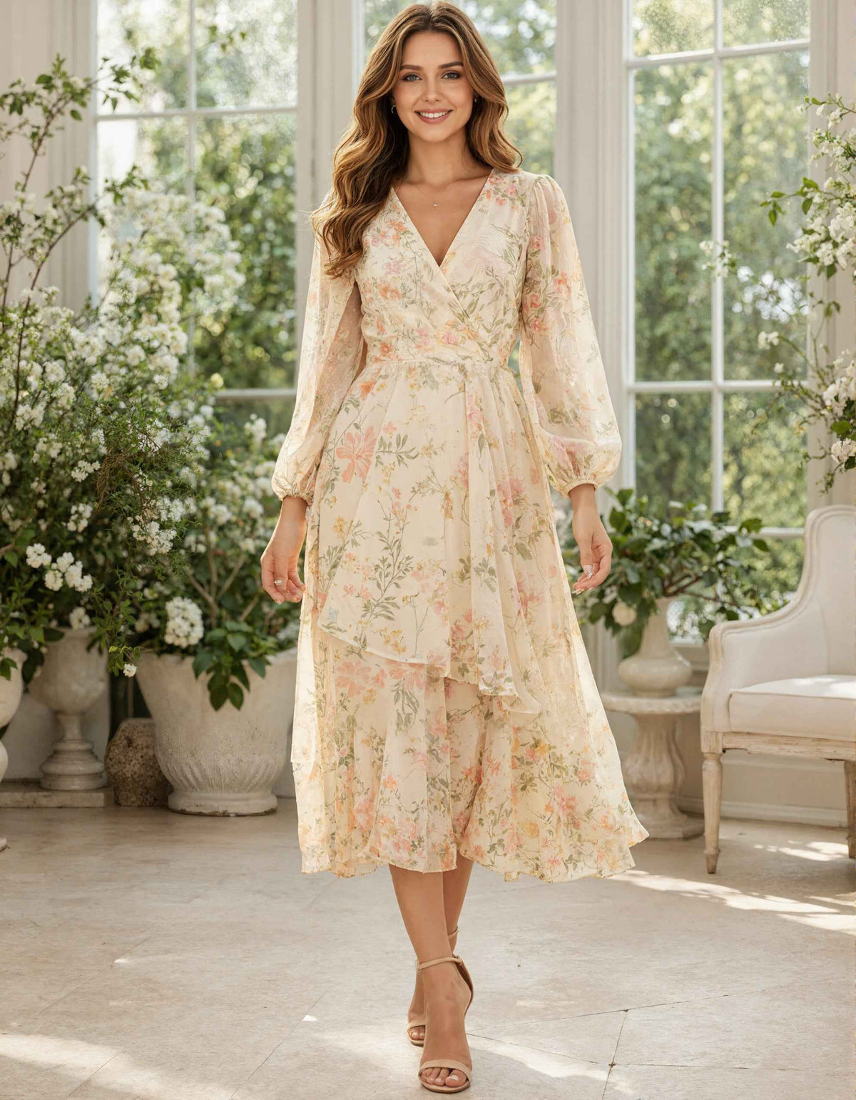 Cream Printed Chiffon V-Neck Puff Sleeve Long Sleeve Midi Dress