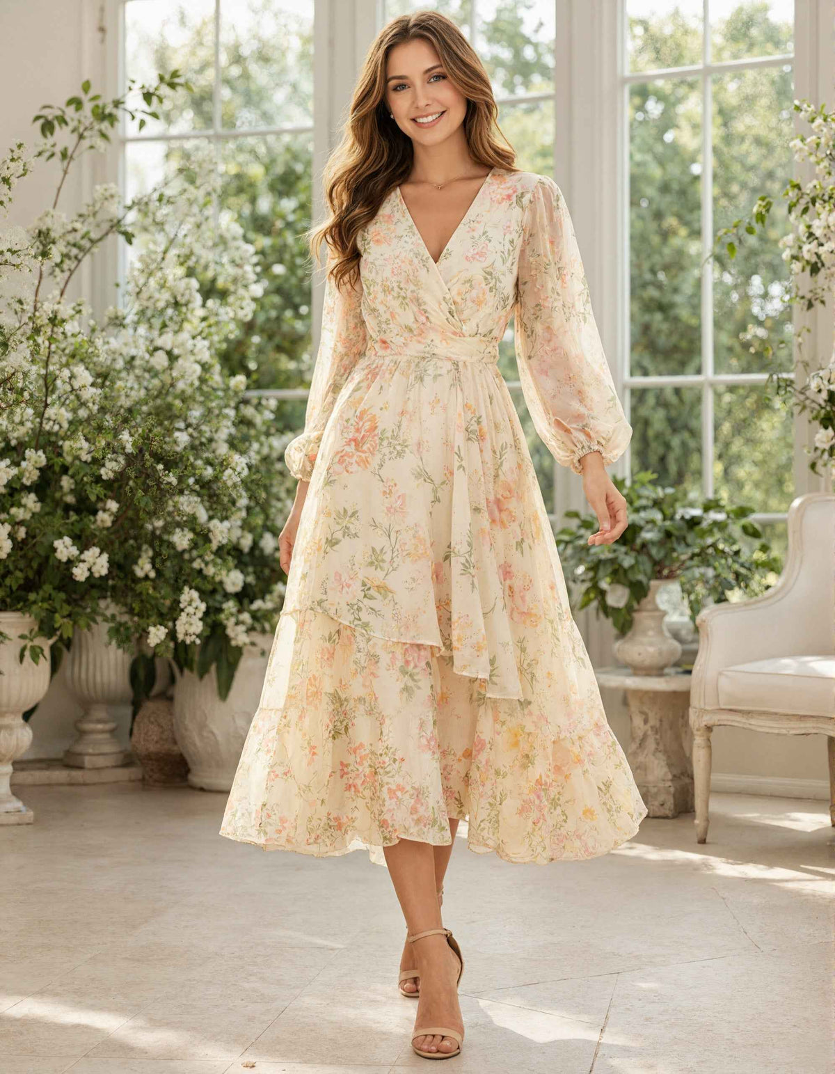 Cream Printed Chiffon V-Neck Puff Sleeve Long Sleeve Midi Dress