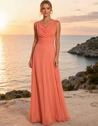 Coral Chiffon Sleeveless Draped V-Neck Maxi Dress