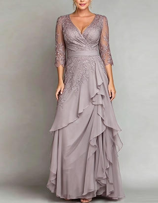 V-neck Three-quarter Sleeves Chiffon Maxi Dress