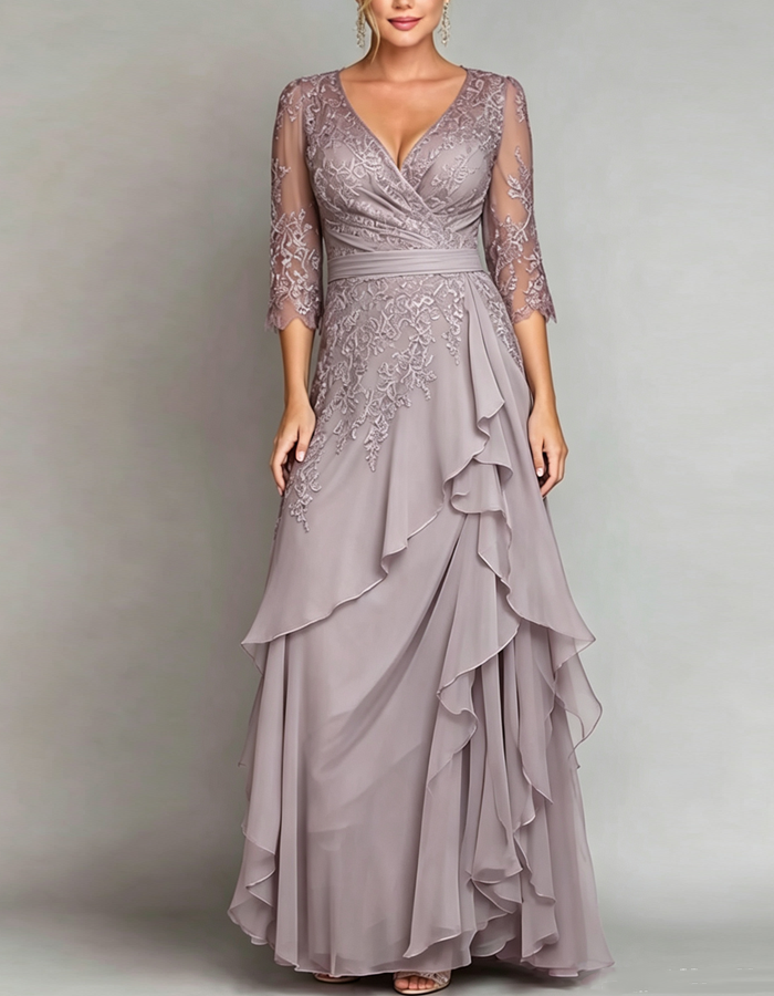 V-neck Three-quarter Sleeves Chiffon Maxi Dress