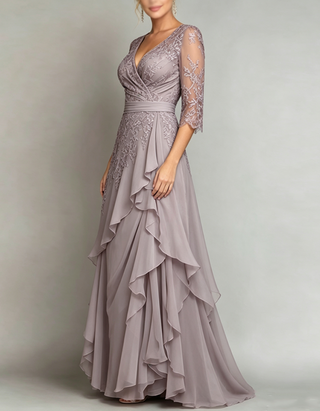 V-neck Three-quarter Sleeves Chiffon Maxi Dress
