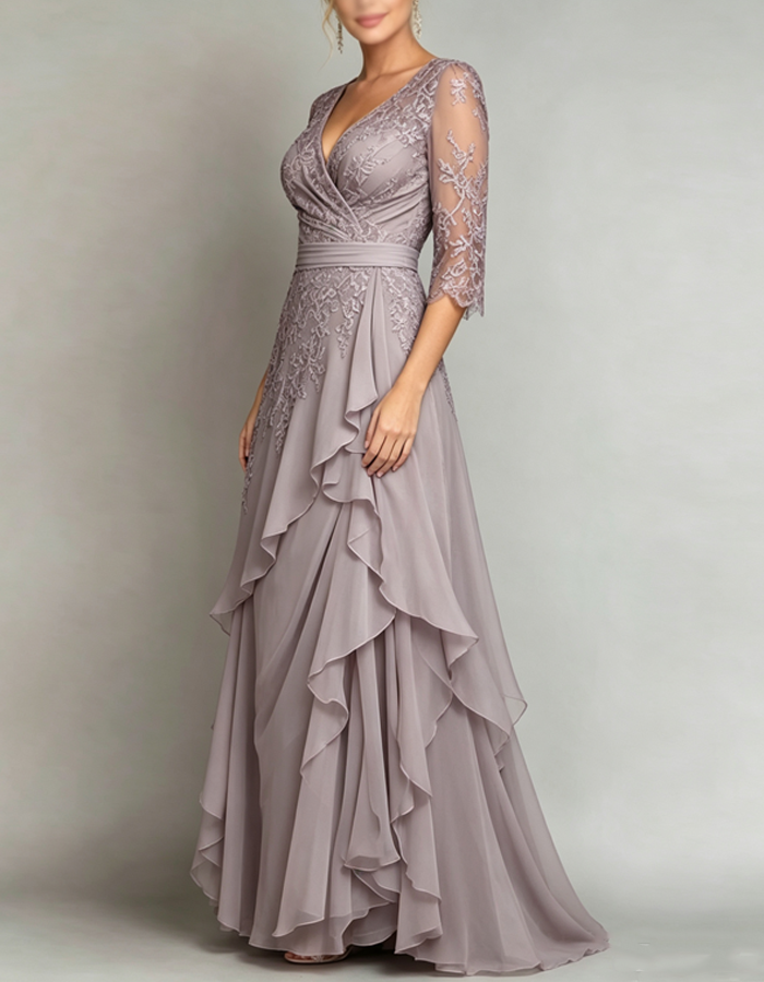 V-neck Three-quarter Sleeves Chiffon Maxi Dress