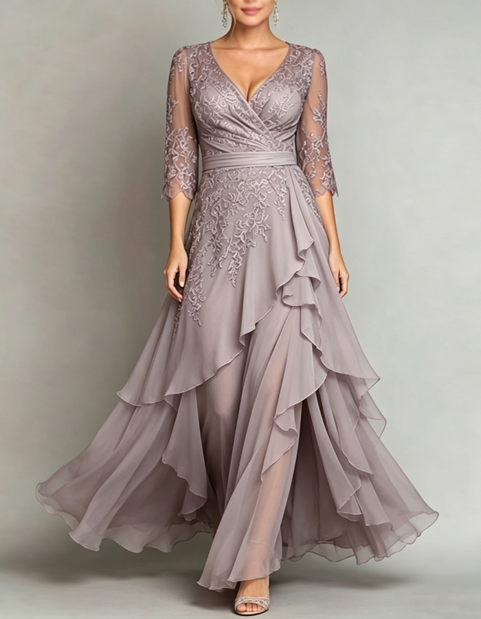 V-neck Three-quarter Sleeves Chiffon Maxi Dress