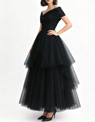 Multi-colored Tulle Off-the-shoulder Neckline Maxi Dress