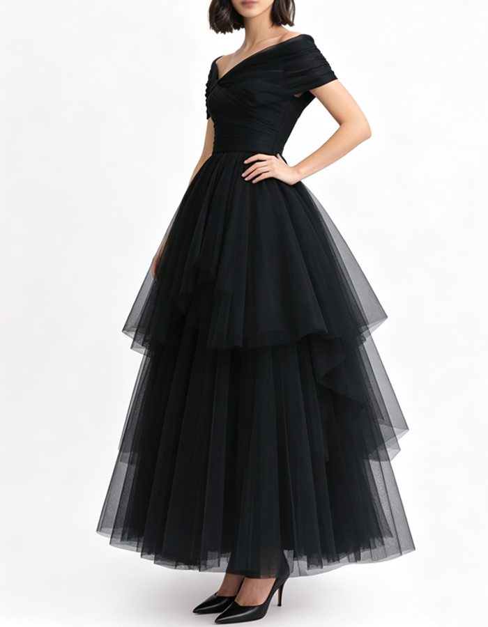 Multi-colored Tulle Off-the-shoulder Neckline Maxi Dress