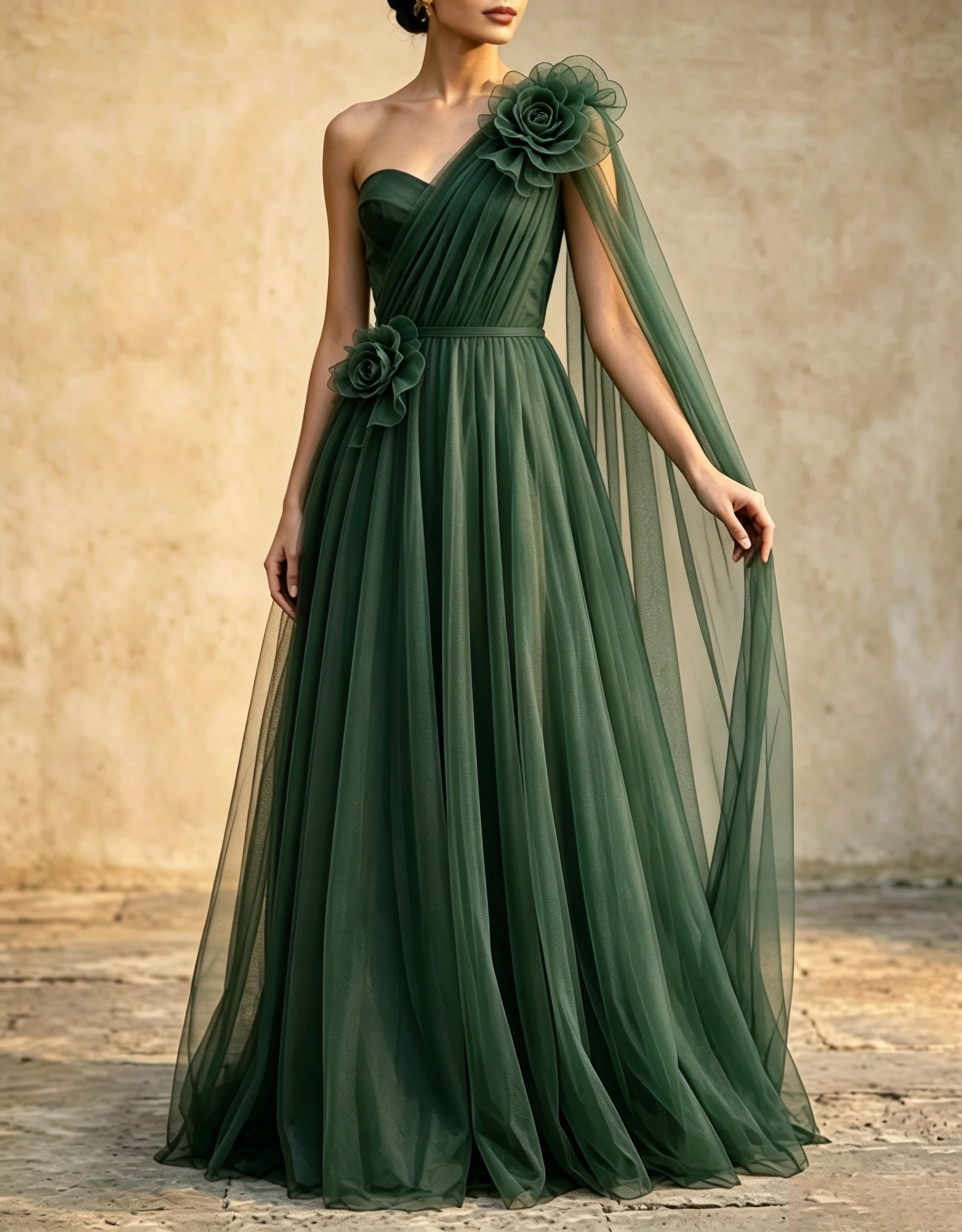 Vestido maxi línea A con capa y fajín, tul drapeado de un solo hombro y flores 3D