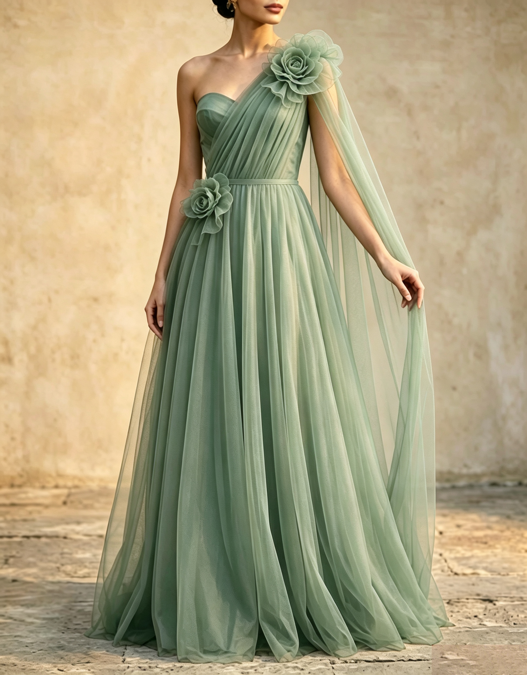 Vestido maxi línea A con capa y fajín, tul drapeado de un solo hombro y flores 3D