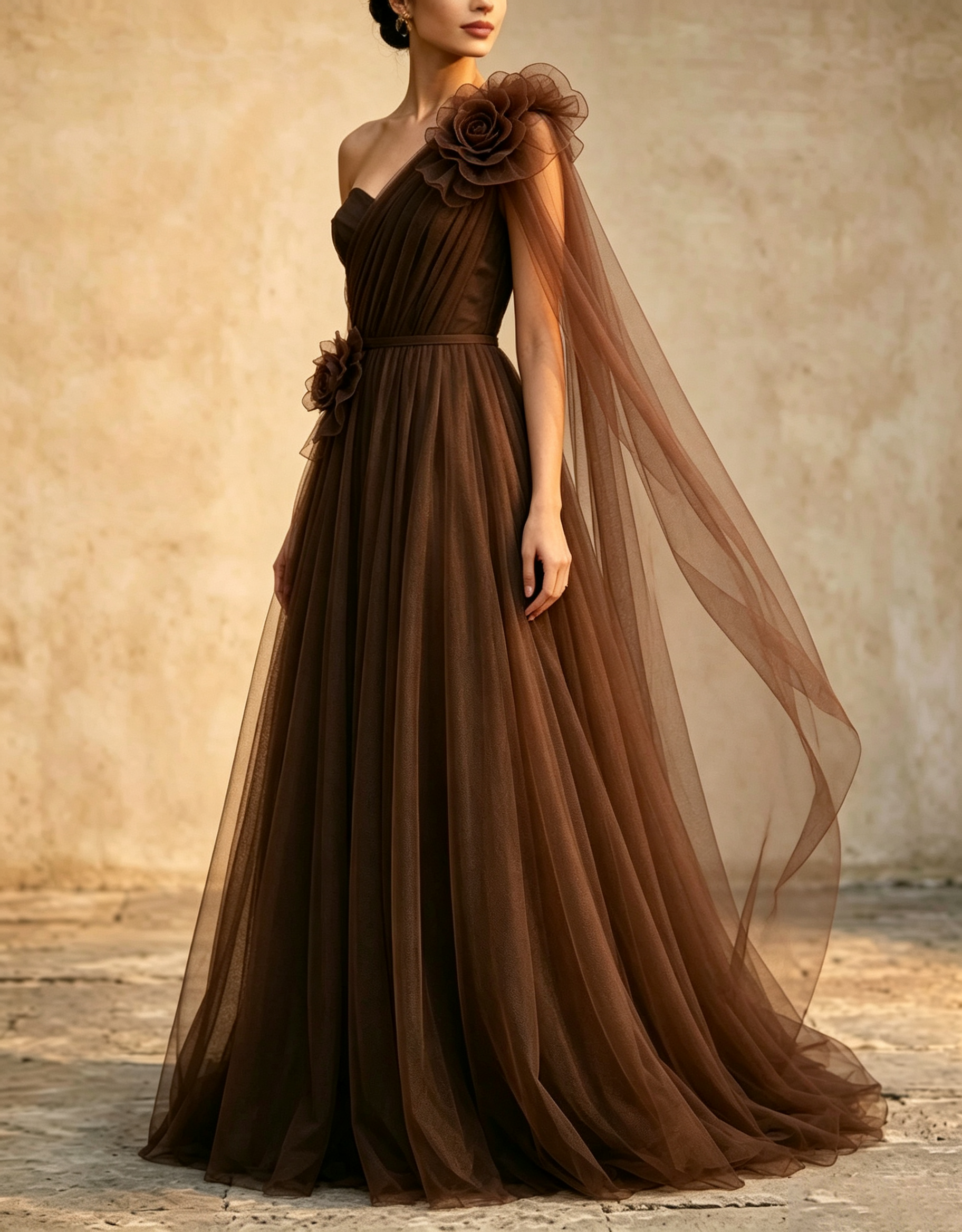 Vestido maxi línea A con capa y fajín, tul drapeado de un solo hombro y flores 3D