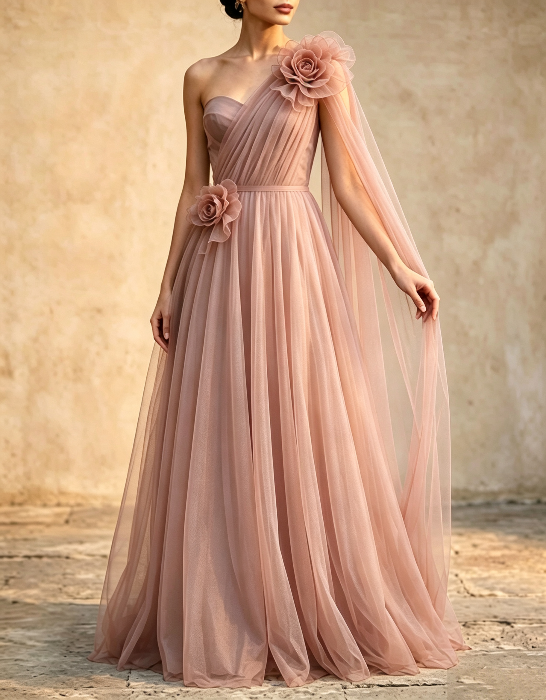 Vestido maxi línea A con capa y fajín, tul drapeado de un solo hombro y flores 3D