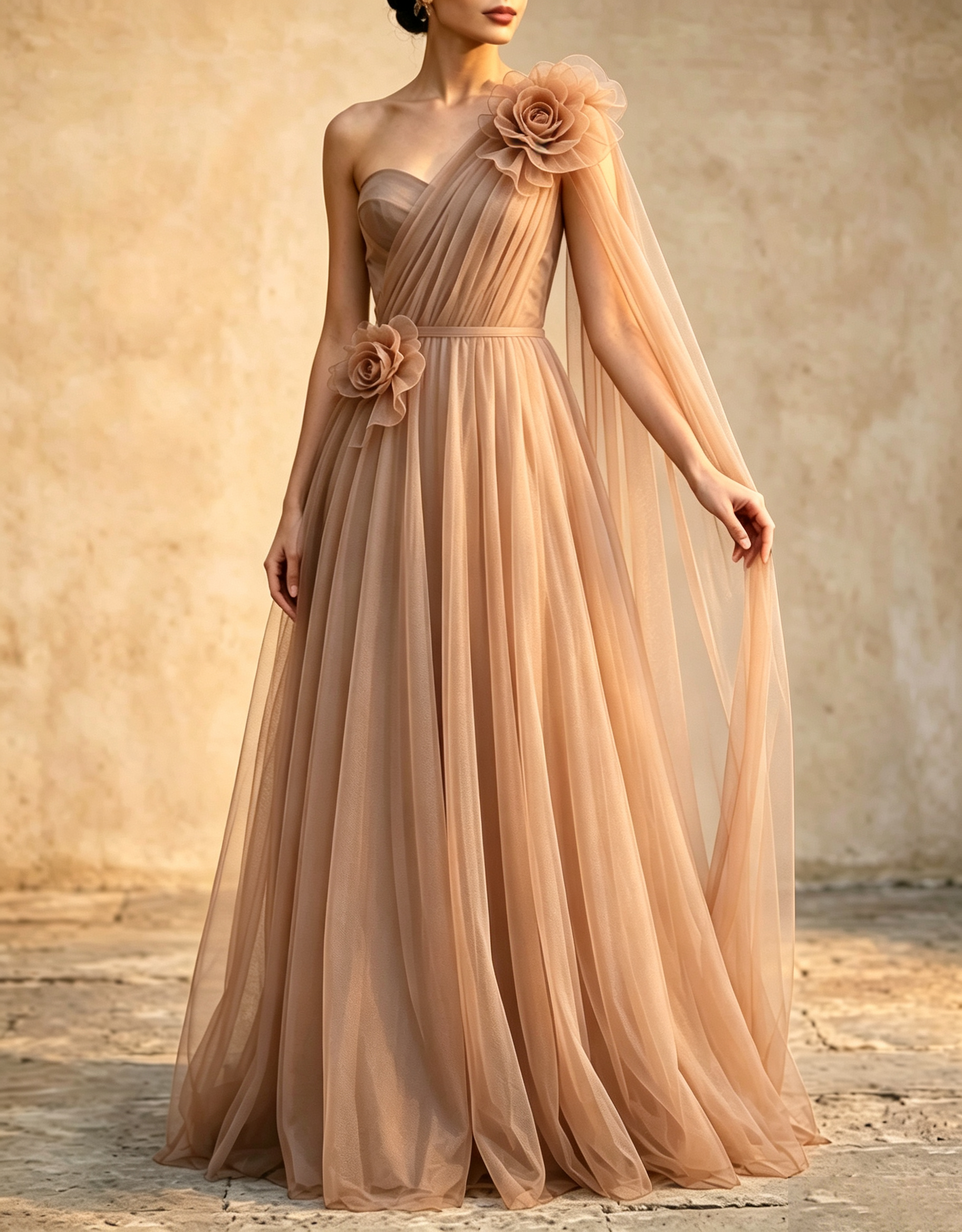 Vestido maxi línea A con capa y fajín, tul drapeado de un solo hombro y flores 3D