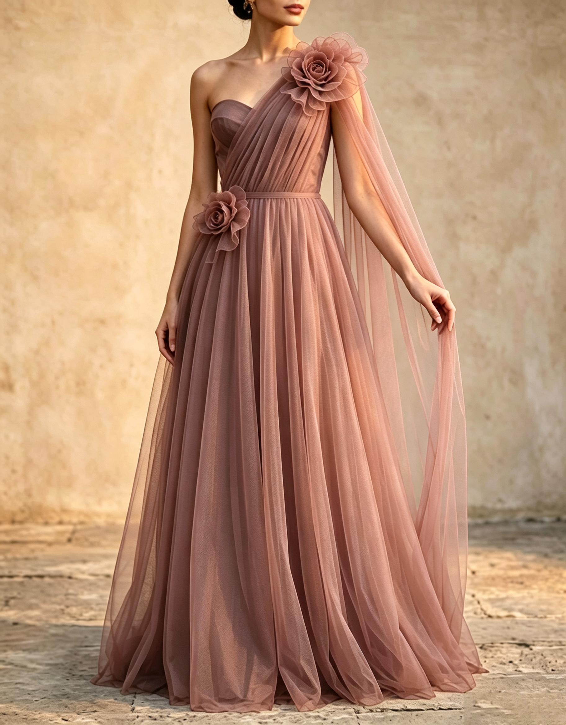 Vestido maxi línea A con capa y fajín, tul drapeado de un solo hombro y flores 3D