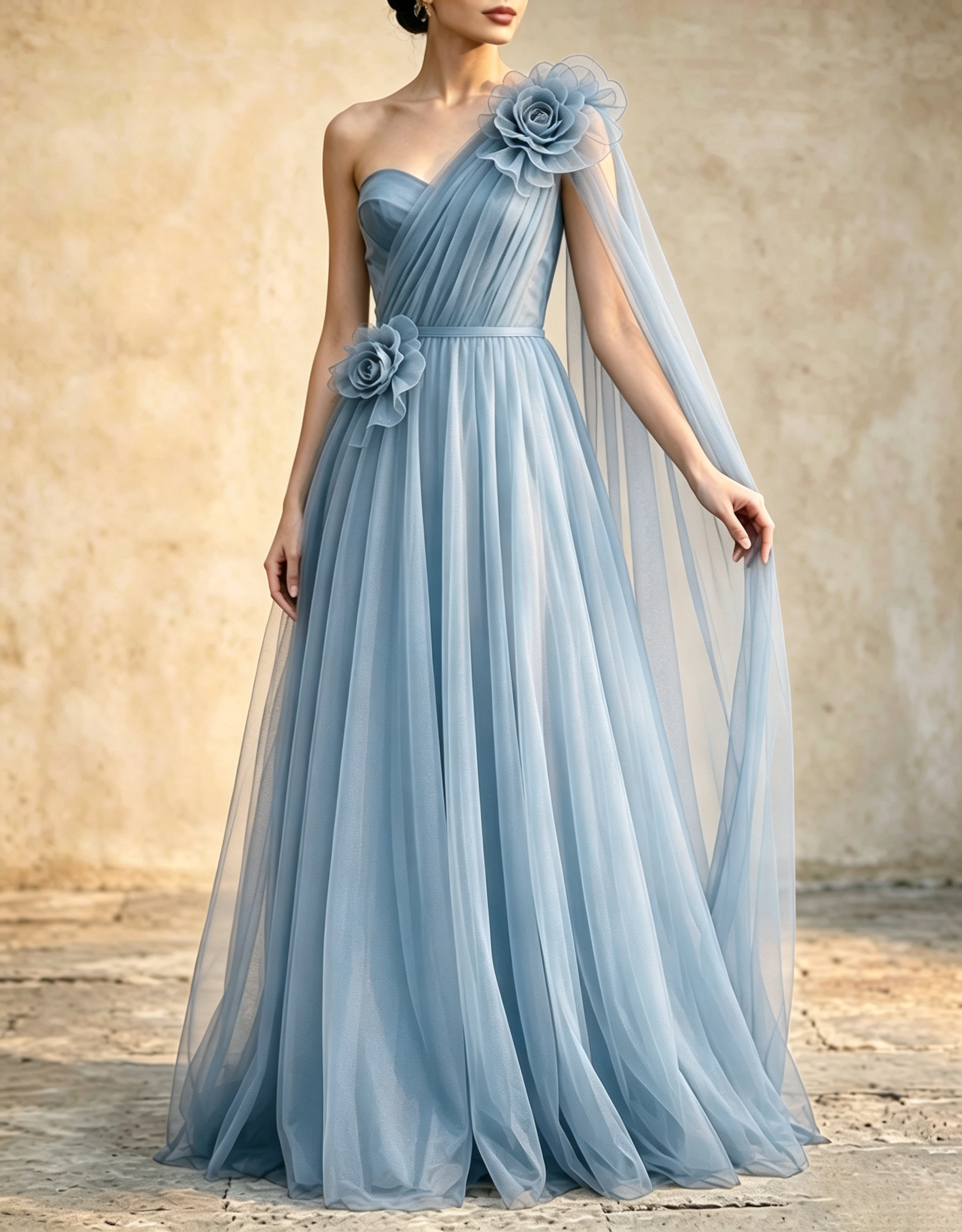 Vestido maxi línea A con capa y fajín, tul drapeado de un solo hombro y flores 3D