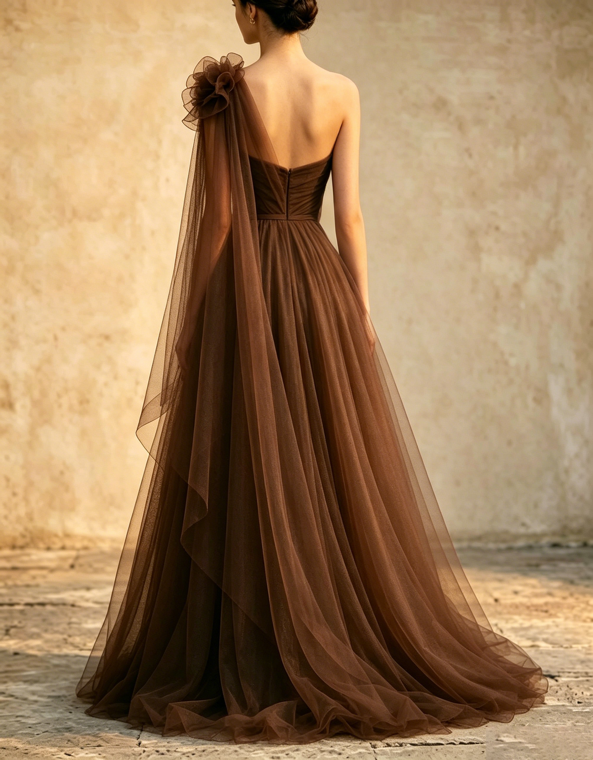One-Shoulder Draped Tulle 3D Floral Cape Sash A-Line Maxi Dress